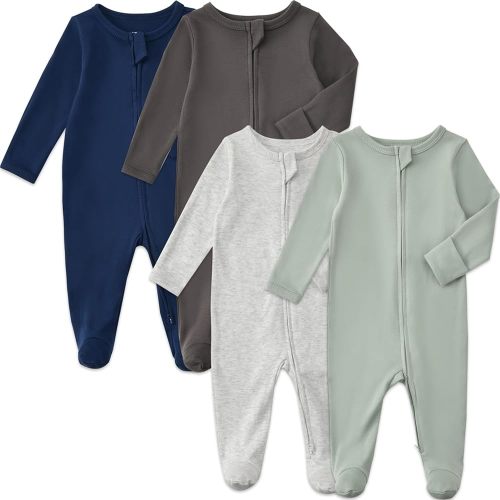 Aablexema Baby Footed Pajamas with Mitten Cuffs Zipper 4-Pack Infant Newborn Cotton Long Sleeve Outfit