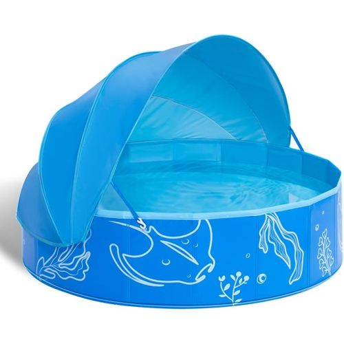 Foldable Kiddie Pool with Canopy: 47in Baby Pool and Beach Tent for Toddlers Infants 6-12 Months and Kids 2-4 Years Old - Portable Water Play with Shade for Outdoor Backyard Beach (Blue)