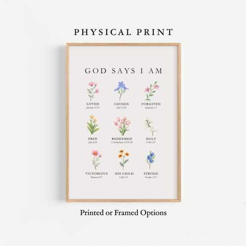 God Says I Am Wall Art Print, Christian Floral Affirmation Poster, Framed Bible Verse Decor for Girls Bedroom, Nursery, Dorm Room