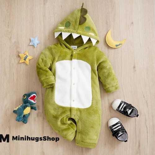 Cute Dinosaur Baby Romper – Fuzzy Green Hooded Onesie with Snaps | Soft Newborn Costume or Winter Outfit (0–12M)