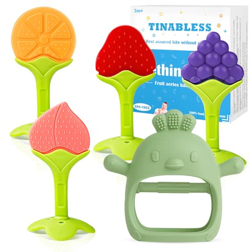 Baby Teething Toys for 0-6 6-12 Months (5 Pack) - Tinabless Food Grade Silicone Teething Mitten&Teething Relief Toys Set, BPA-Free, Freezer Safe for Infants and Toddlers, Silicone Baby Teethers(Green)