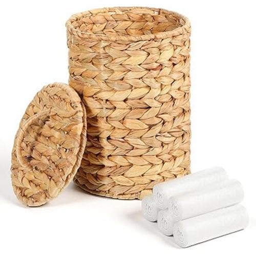 Boho Wicker Trash Can with Lid 1.3 Gallons Small Bathroom Trash Can with 100 Garbage Bags Water Hyacinth Wicker Waste Basket for Bedroom Bathroom Kitchen Living Room