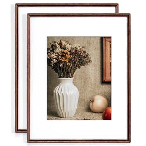 16X20 Picture Frame Set of 2, Natural Solid Walnut Wood Photo Frame with High Tempered Glass, Handcrafted Rounded Corner 16 by 20 Wooden Frame Matted to 11x14 for Horizontal or Vertical Wall Mounting