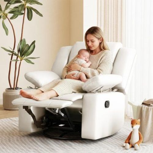 TYBOATLE Swivel Glider Recliner Chair - White Faux Leather - Manual Rocker with Adjustable Footrest for Nursing