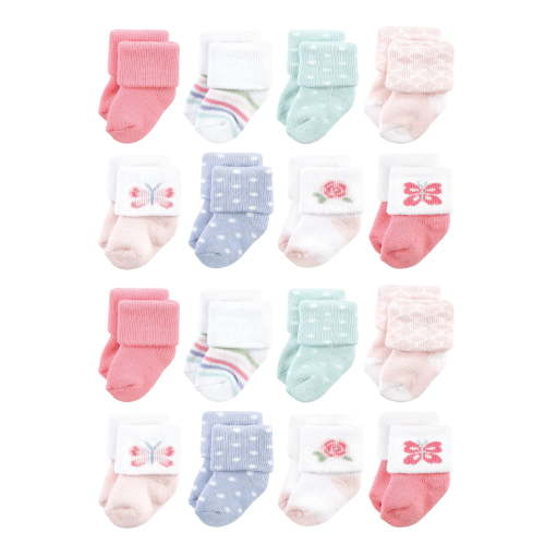 Hudson Baby Cotton Rich Baby Terry Socks 16-Pack, Pastel Butterfly, 6-12 Months