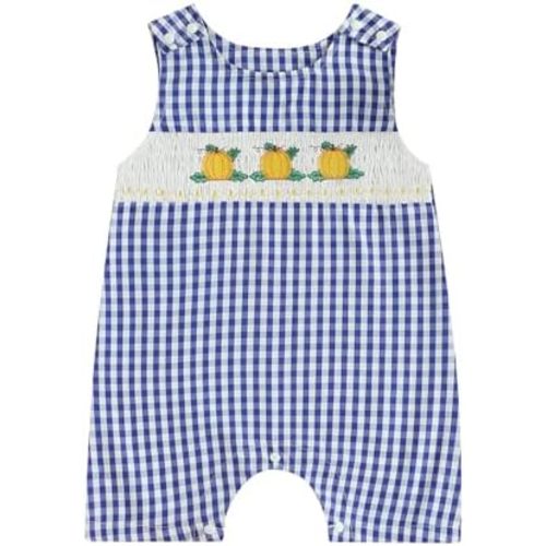 Infant Baby Boy Halloween Pumpkin Plaid Jumpsuit Sleeveless Gingham Romper One Piece Strap Overalls Smocked Clothes