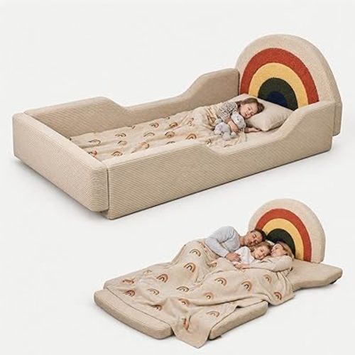Toddler Bed with Mattress Included, Rainbow Toddler Floor Beds No Assembly Needed, Soft Foam Kids Floor Bed with Fold-Down Rails, No Wood Frame Safety Floor Beds for Boys and Girls Aged 2-8 Years