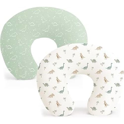 Konssy 2 Pack Nursing Pillow Covers, Stretchy and Soft Nursing Cover for Breastfeeding Pillows, Pillow Slipcover for Baby Girls Boys Newborn (Dino Jungle, Sage)