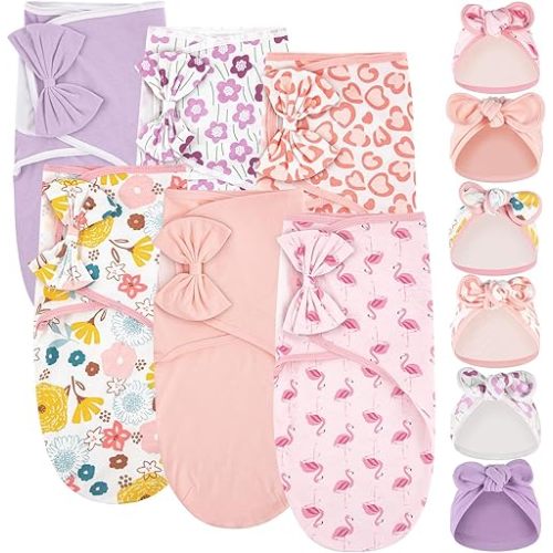 Ramede 6 Pack Baby Swaddle Blanket with Hats Sleep Swaddle for 0-3 Months Newborn Sacks Soft Cotton Wearable for Boy Girl(Pink,Bow)