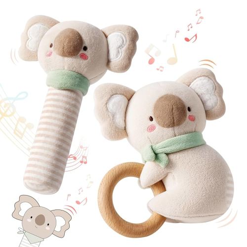 Evoceler Baby Toys, 2 PCS Koala Rattles & Shaker Toys with Embroidered Details, Wooden Teething Ring, BPA-Free Sensory Toys for 0-3-6-12 Months, Squeaky Infant Toy, Ideal Baby Shower Boy Girl Gift