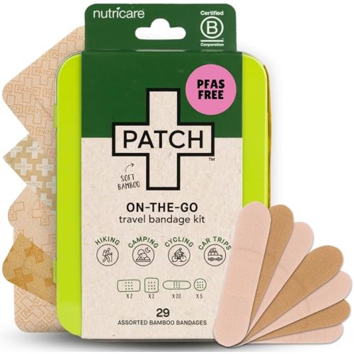 PATCH On-The-Go Natural Bamboo Adhesive Bandage Travel Kit for Sensitive Skin, Eco-Friendly Hypoallergenic Bandages, 29 ct