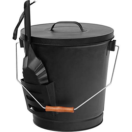 F2C 5.5 Gallon Large Ash Bucket with Lid and Shovel Fireplace Tool Set,Galvanized Metal Coal and Hot Ash Pail for Fireplace, Fire Pits, Wood Burning Stoves, Grill, Outdoor,Home Black
