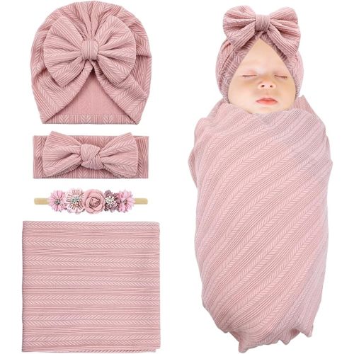 Cinaci 4pcs Dusty Pink Soft Nursery Newborn Baby Receiving Swaddle Blanket with Matching Turban Hat Bow Headbands Floral Nylon Headbands for Baby Girls Newborn Infants