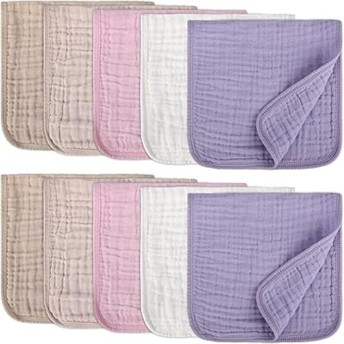 10 Pack Muslin Burp Cloths for Baby Girls 100% Cotton 20x10 Inch Popular Girl Colors Set Purple Pink Beige Brown White Soft Absorbent Newborn Infant Burping Cloths