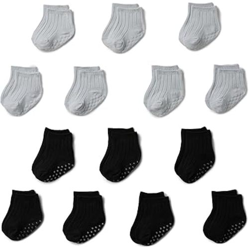 Amazon Essentials Unisex Babies' Non Slip Grip Ribbed Ankle Socks, 14 Pairs