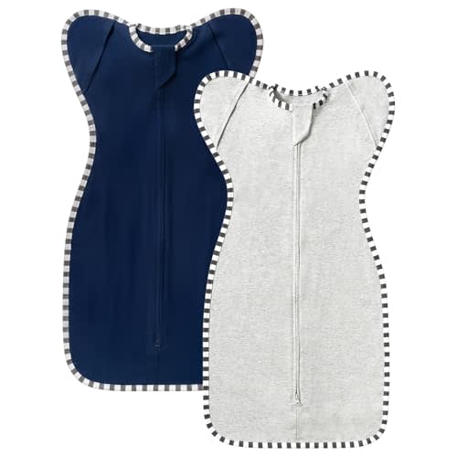 QUENESS Transition Swaddle, 2 Pack 100% Cotton Baby Sleep Sack, 2-Way Zipper Infant Arm Up Swaddle for Newborn Baby Boys Girls (Light Grey + Estate Blue, M(3-6 Months))