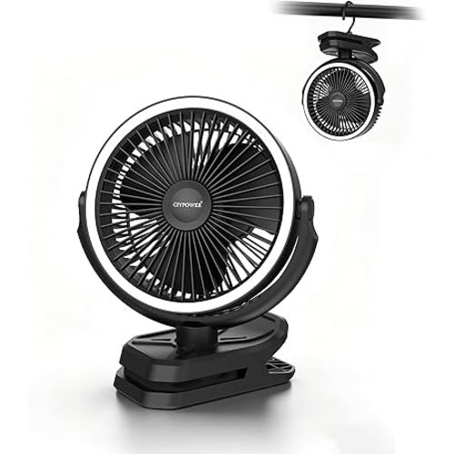 Clip on Fan 16000mAh: Portable Rechargeable Clamp Fan for Stroller Bed Camping Tent Golf Cart - Quiet Battery Operated with 3 Speed Strong Airflow LED Light Hook for Office Desk Outdoor (Black)