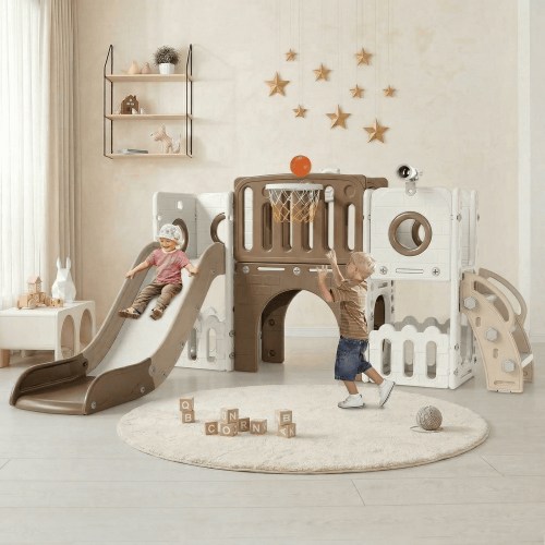 Pirecart 9 in 1 Toddler Slide Set, Kids Slide for Toddlers, Outdoor Indoor Playground w/Long Slope, Baby Climber Set w/Basketball Hoop, Telescope, Tunnel, Storage Space, Enclosed Steps