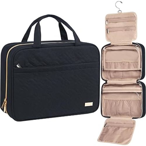 NISHEL Travel Toiletry Bag for women, Portable Hanging Organizer for Family-Sized Shampoo, Conditioner, Brushes Set, Makeup Accessories, Extra Large Size, Black