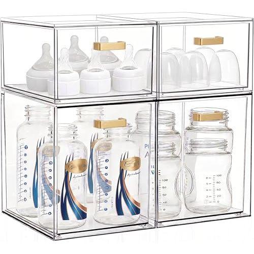LALOBLUE Clear Stackable Drawer Organizer, 4 Pack Acrylic Storage Drawers with Pull-Out Design, Space-Saving Organizer for Bathroom, Vanity, Kitchen & Office