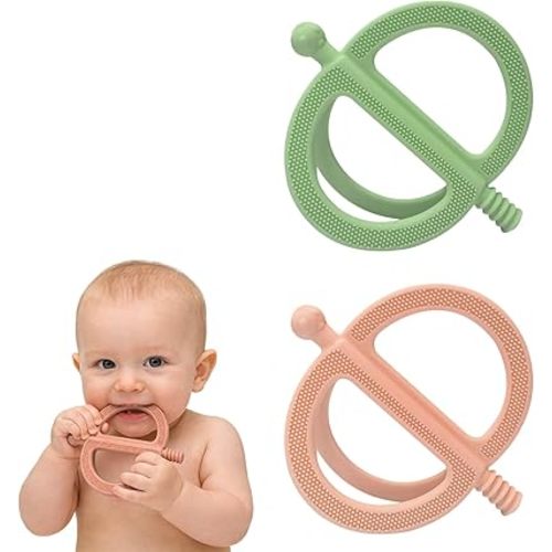 2 Pack Get-A-Grip Baby Teether Toy, No-Drop Sensory Teether with Easy Grasp for Babies 6-12 Months, Silicone Food-Grade Teething Mittens for Infant Chew Toys & Teething Relief(Green&Khaki)
