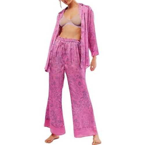Women Satin Pajama Set Floral Silk Pajamas 2 Piece Lounge Sets Button Down Shirts Wide Leg Pants Pjs Sleepwear