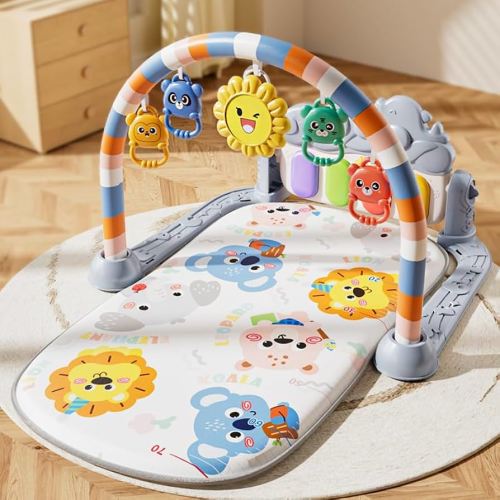 Baby Gyms Play Mats, Play Piano Gym Mat, Activity Mat for Tummy Time with 5 Infant Learning Sensory, Music and Lights for Newborns and Toddlers (Grey)