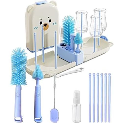 Blue Travel Bottle Cleaner Kit with Drying Rack – 6-in-1 Baby Bottle Washer & Silicone Brush Set for Pump Parts, Nipples & Straws – Portable Baby Travel Essential in Compact Case