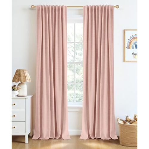 INOVADAY 100% Blackout Curtains 84 Inches Length 2 Panels Set, Back Tab/Rod Pocket Linen Black Out Curtains for Bedroom, Thermal Insulated Window Drapes - Blush Pink, W50 X L84