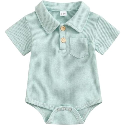 Lesimsam Newborn Baby Boy Clothes Waffle Knit Button Up Shirt Romper Solid Short Sleeve Collared Bodysuit One-Piece Outfit