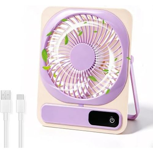Portable Desk Fan, 5-Speed Rechargeable USB Personal Fan with Strong Quiet Airflow, Battery Operated Small Fan for Office Home Bedroom Travel Outdoor, 180° Foldable Stand for Tabletop Hanging