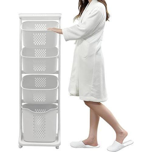 BAOKALER 4-Tier Laundry Hamper Sorter, Vertical Rolling Laundry Baskets with Wheels Removable, Stackable Laundry Cart Organizer and Storage for Small Space, Dorm, Closet, Bathroom