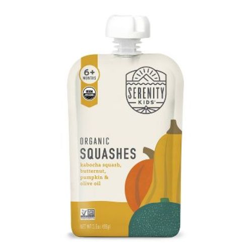 Serenity Kids Organic Squashes with Organic Olive Oil Baby Food Pouch - 3.5oz: Stage 2 Pureed Meals, USDA Certified