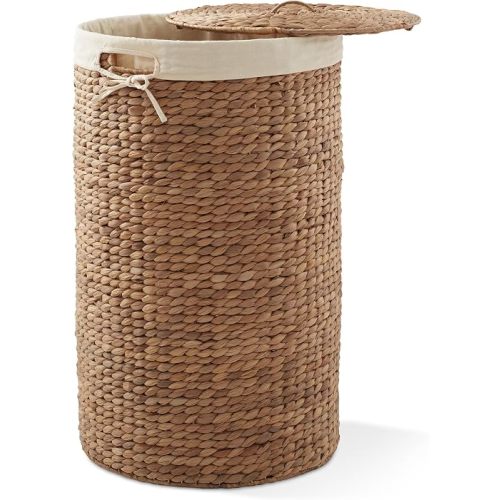 Casafield Round Laundry Hamper with Lid and Removable Liner Bag - Cinnamon, Woven Water Hyacinth Wicker Laundry Basket for Clothes and Towels