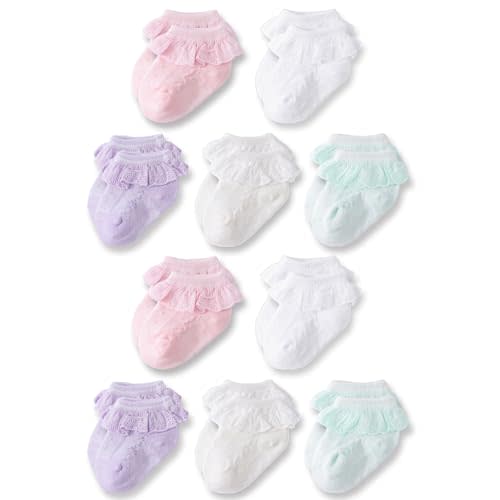 Baby Girl Lace Socks, Soft Cotton Ruffle Dress Socks for Newborns 0-3/3-6/6-12/12-24 Months, Ankle High