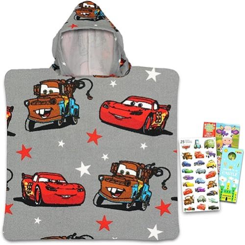 Disney Cars Hooded Towel Set for Kids, Girls, Boys - Lightning McQueen Bath Towel Poncho Bundle with Stickers, More | Disney Cars Bathroom Set