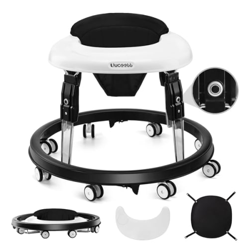 Baby Walker with Wheels, One-Touch Folding Anti-Roll 8-Wheel Baby Walkers, 7-Speed Height Adjustment with Large Dinner Plate and Brake 6-18 Months Baby Walker, Black