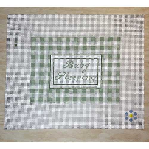Baby Sleeping Gingham Door Hanger- Hand painted Needlepoint Canvas Size 13. Emma Daisy Designs