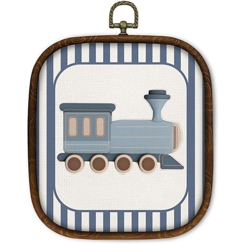 WULQYING Vintage Boy Nursery Train Wall Art Decor, Blue Vehicle Square Framed Canvas Art Prints, Train Decorations Wall Hanging Decor for Home Kids Playroom Bedroom Gallery, 5.7x6.5 Inches