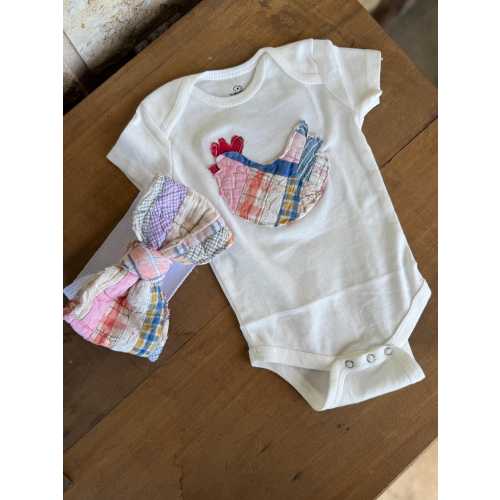 Vintage Quilt Chicken Onesie & Bow Set | Handmade Baby Outfit | Farmhouse Baby Gift | One-of-a-Kind
