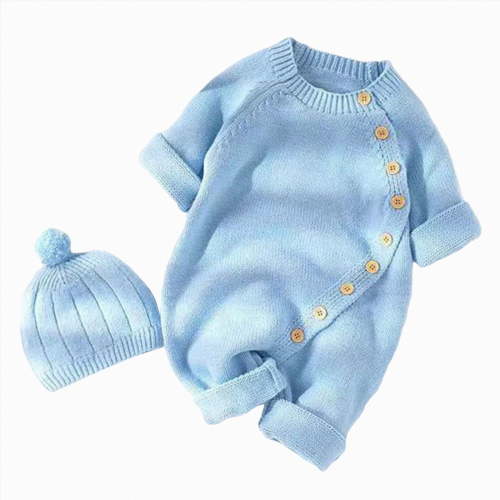Splozh Newborn Outfits Baby Boy Knit Romper with Hat Side Button Long Sleeve Baby Sweater Jumpsuit Preemie Pajamas Girl,Blue,3-6 Months