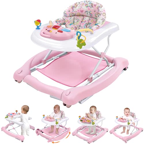 Foldable Baby 5-in-1 Activity Walker - Rocker, Activity Center, Bouncer, Seat Walker, Push Walker - Adjustable Speed Rear Wheels and Height Toys Ages 6-18 Months(Pink)