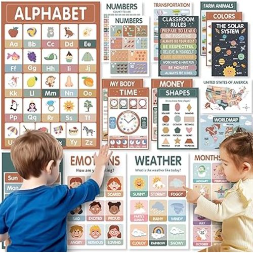 Classroom Posters -18 Boho Educational Posters for Toddlers 1-5 - Laminated ABC, Numbers, Colors & Shapes Charts for Preschool & Kindergarten - Homeschool Classroom Decor (11x17" Standard Size)