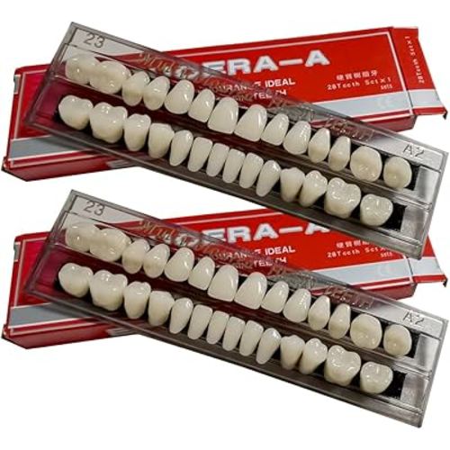 56 Pcs False Teeth Dental Complete Acrylic Resin Denture Teeth, 2 Set Whole Teeth Synthetic Polymer Denture Tooth, 23 Shade A2 Upper + Lower Dental Materials for Replacement, DIY, or Halloween