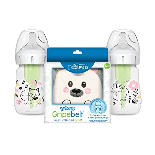 Dr. Brown’s Natural Flow® Anti-Colic Options+™ Wide-Neck Baby Bottle, Woodland Design, 5 oz/150 mL, Level 1 Nipple, 2-Pack, 0m+ with Infant Gripebelt Heated Tummy Wrap for Gas Relief, Hedgehog, 0-3m