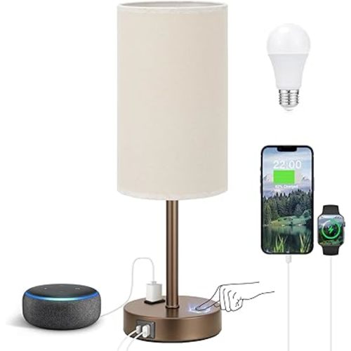 Fenmzee Touch Table Lamp - Beige, 3-Way Dimmable, USB A + C Charging, AC Outlet, 17.4inch Medium, Brown Metal Base