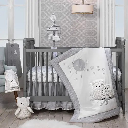 Lambs & Ivy Luna White/Gray Celestial Owl 4-Piece Nursery Baby Crib Bedding Set (740004V)