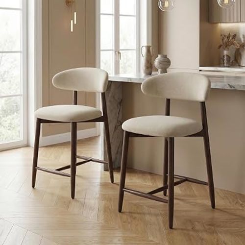 Bar Stools Set of 2, 25.6″ Counter Height Bar Stools with Wood Legs, Upholstered Modern Kitchen Barstools for Kitchen Island Dining Room Bar, Beige