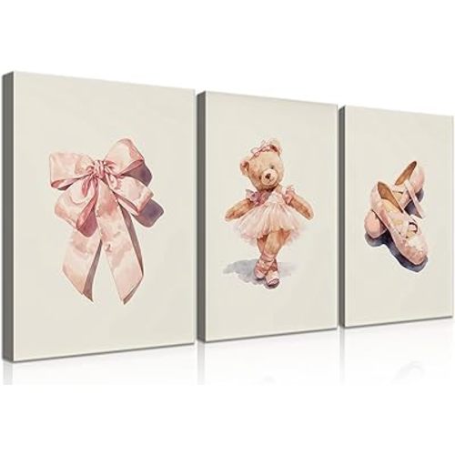 3 Pcs Bear Canvas Wall Art Bow Kids Room Nursery Wall Decor Cute Poster Print Painting Pink Preppy Dress Bear Ballerina Painting Artwork 12x16in