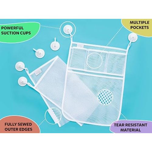 2 x Mesh Bath Toy Organizer + 8 Ultra Strong Hooks – The Perfect Bathtub Toy Holder & Bathroom or Shower Caddy – These Multi-use Net Bags Make Baby Bath Toy Storage Easy – For Kids & Toddlers